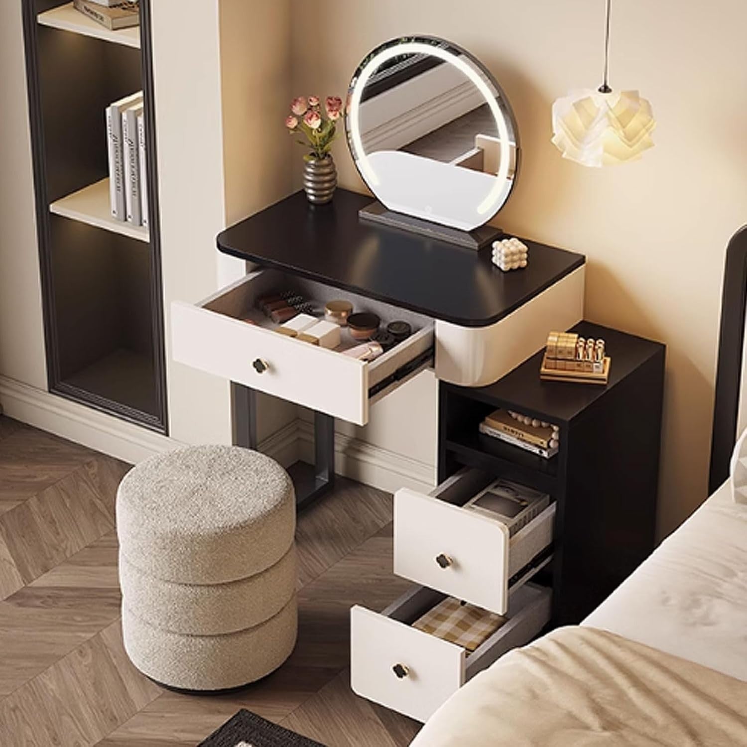 Makeup Vanity Desk with Mirror Lights Drawers Fluffy Stool Solid Wood Dresser