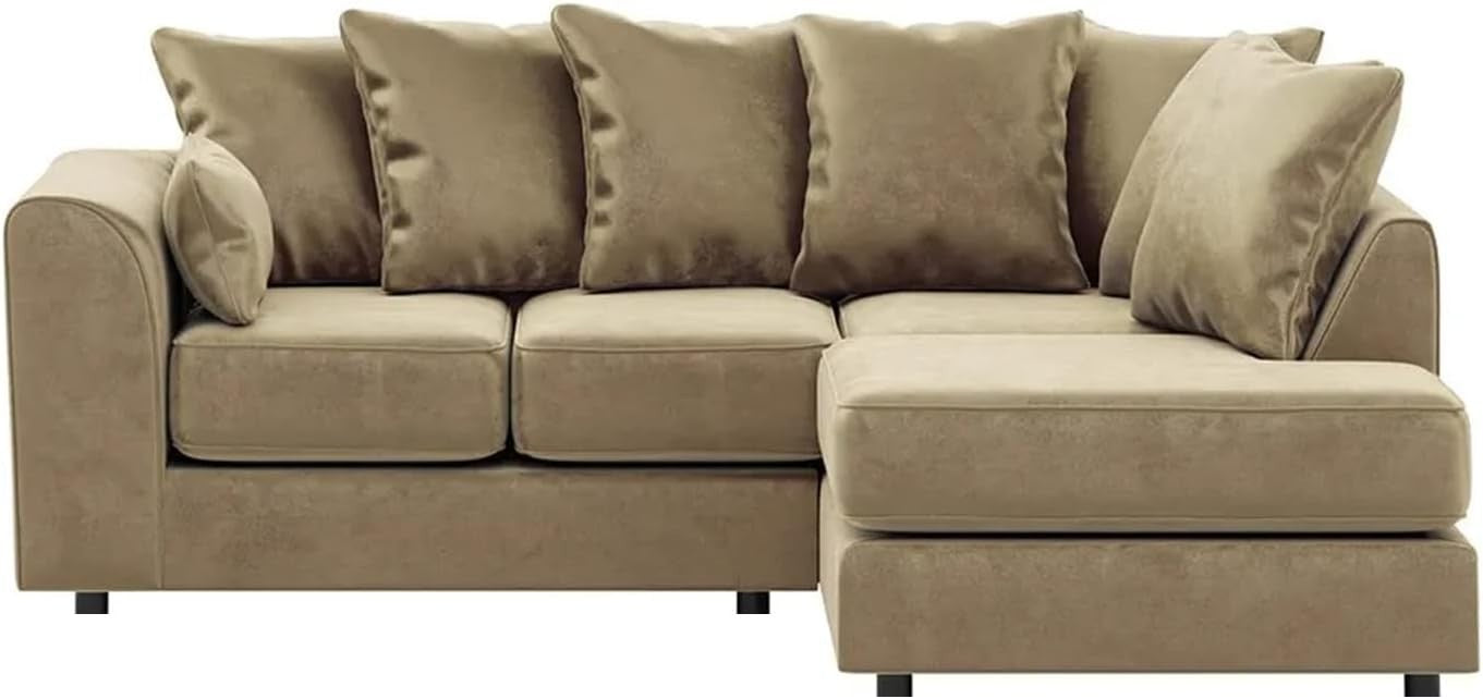Beige Velvet Corner Sofa 4 Seater L Shape | Full Foam Cushions RH Chaise