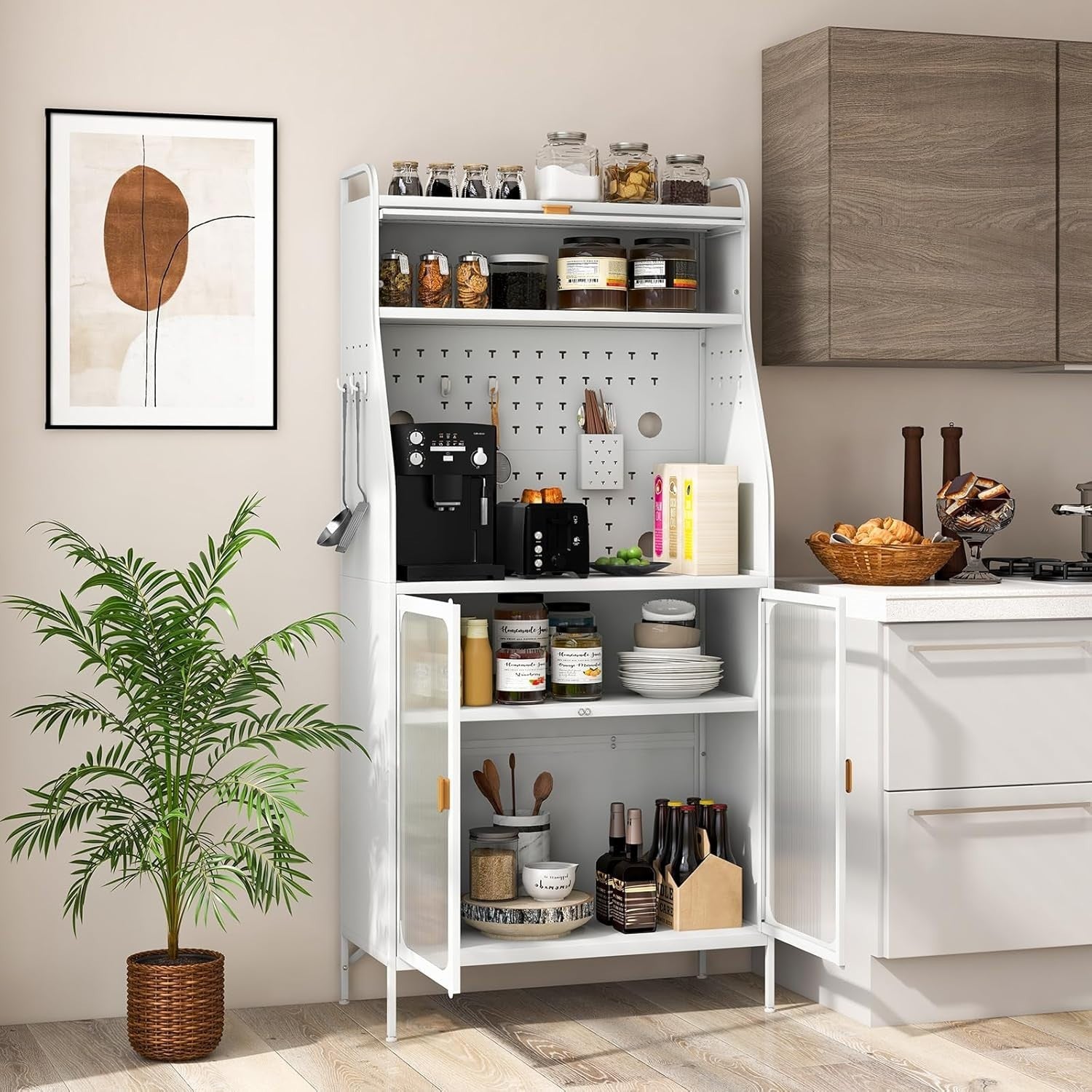 White Kitchen Pantry Cupboard with Flip Door, Pegboard & Adjustable Shelf