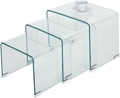 Nest of 3 Clear Glass Coffee Side End Tables Modern Space Saving Set