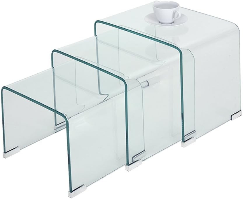 Nest of 3 Clear Glass Coffee Side End Tables Modern Space Saving Set