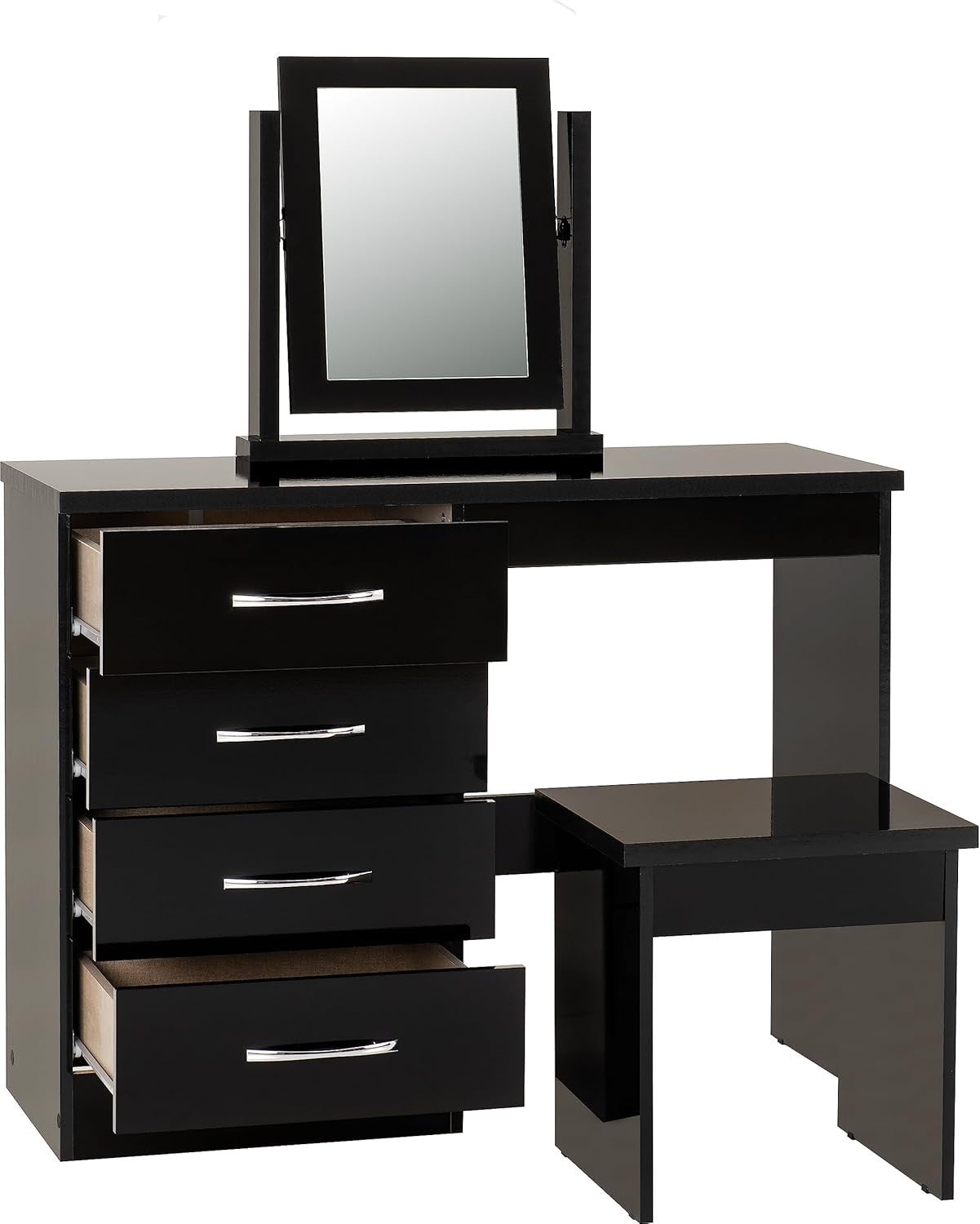 Modern Dressing Table Set Black Gloss 4 Drawers Stool Mirror Vanity Desk