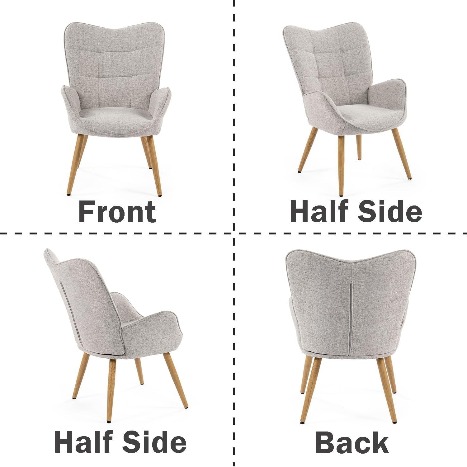Grey Fabric Wingback Armchair Wood Legs Lounge Reading Room Chair