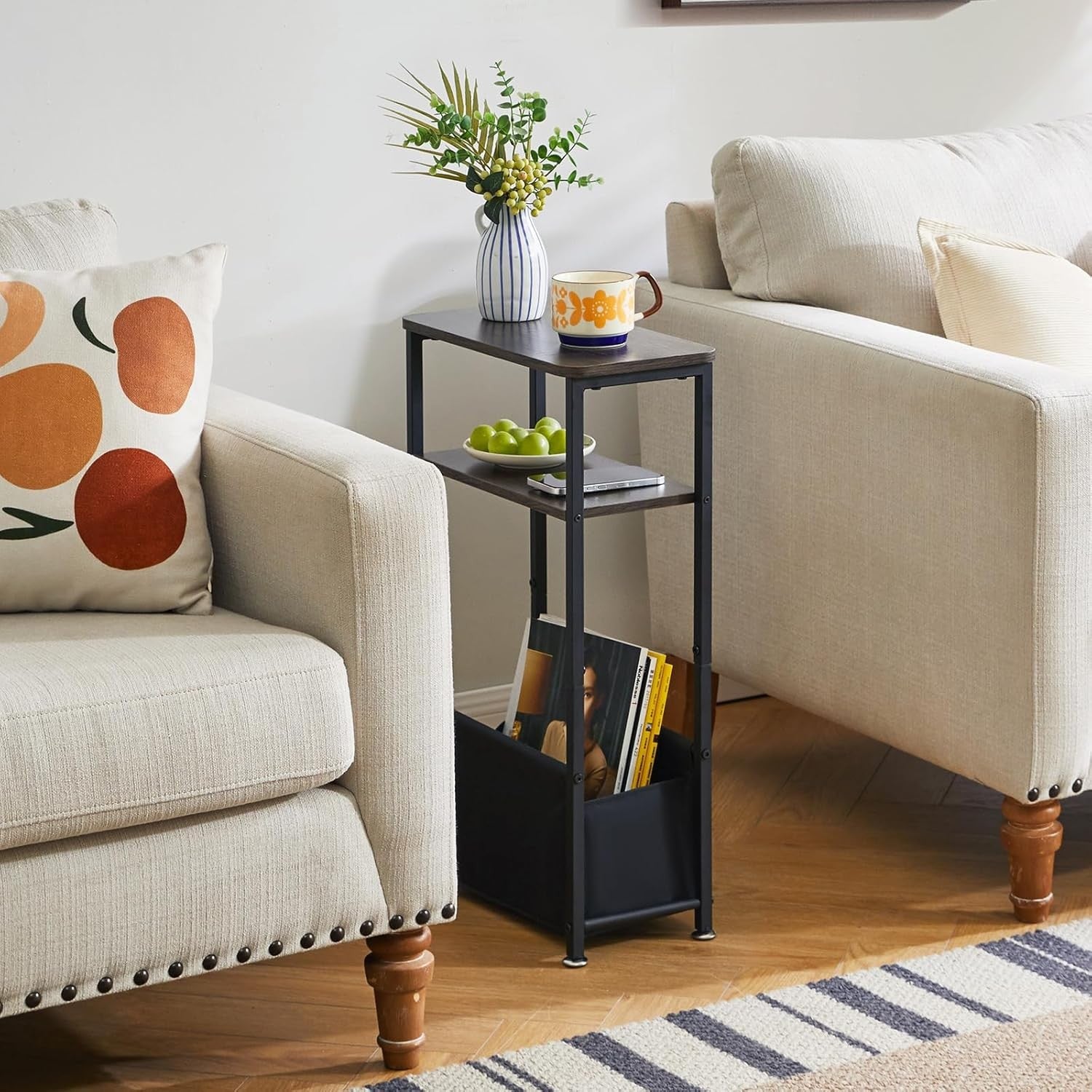 Slim 3-Tier Side Table Storage Basket – Narrow Bedside/End Table for Small