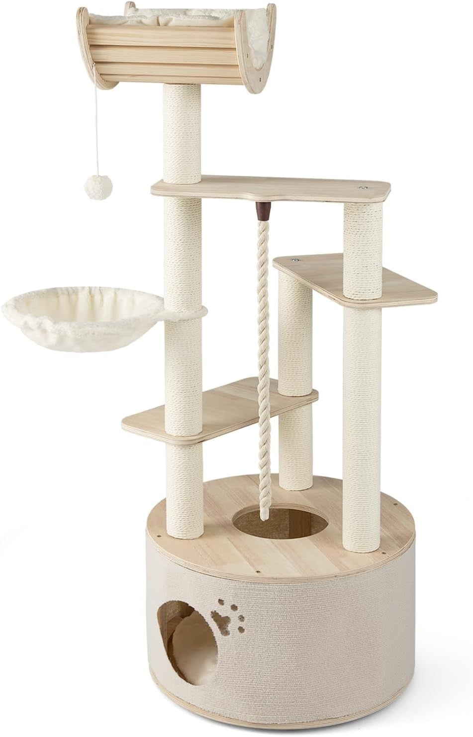 141cm Wooden Cat Tree Tower with Condo Scratching Posts Hammock Indoor