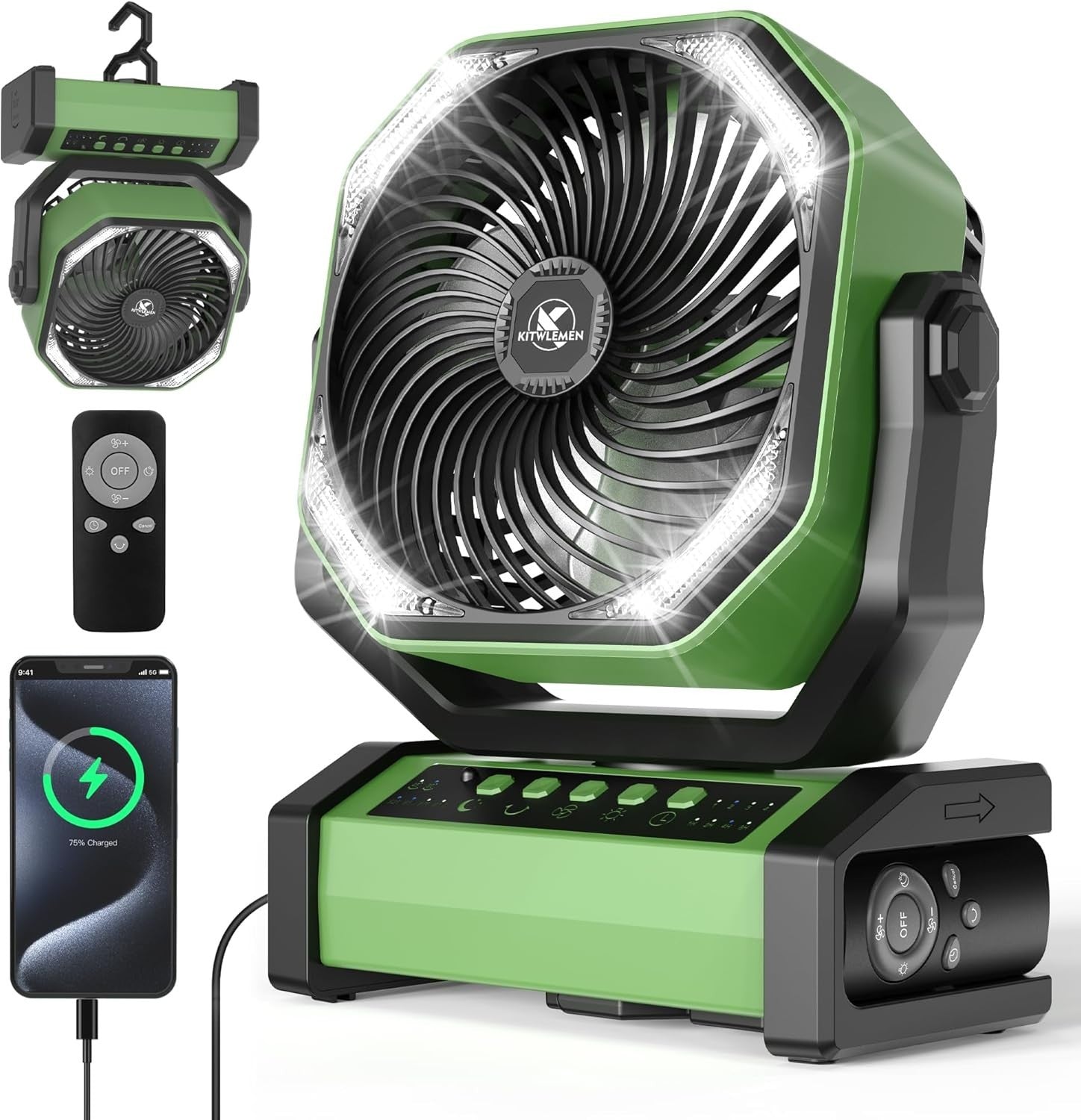 20000mAh Camping Fan – LED Desk Fan w/ Remote, Hook & Rechargeable Battery Green