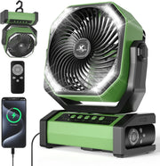 20000mAh Camping Fan – LED Desk Fan w/ Remote, Hook & Rechargeable Battery Green