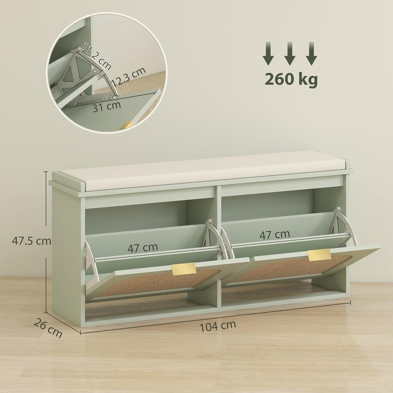 Compact Boho Shoe Bench with 2 Flip Drawers & Padded Seat, Holds 10 Pairs