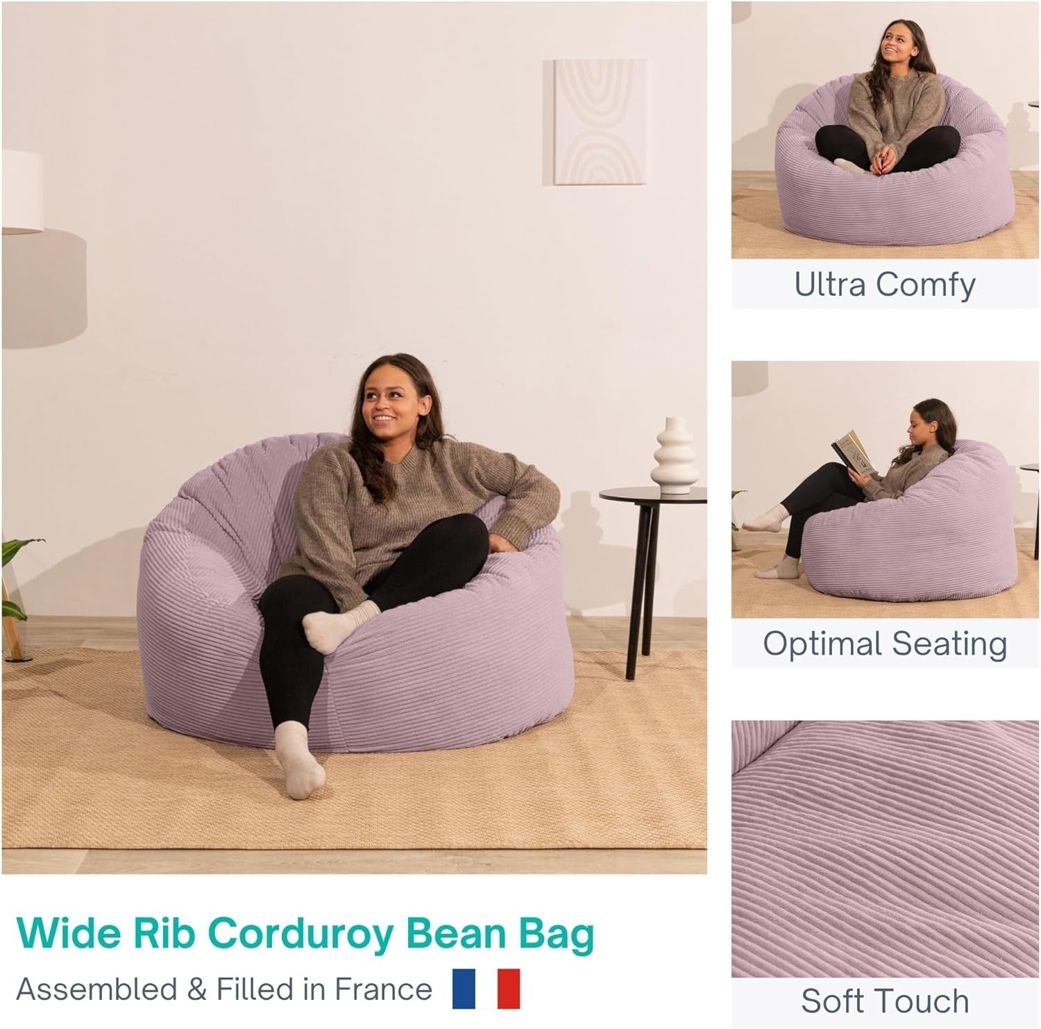 Large Corduroy Bean Bag Chair Sofa | Soft Foam Filled | Back Support | Adult