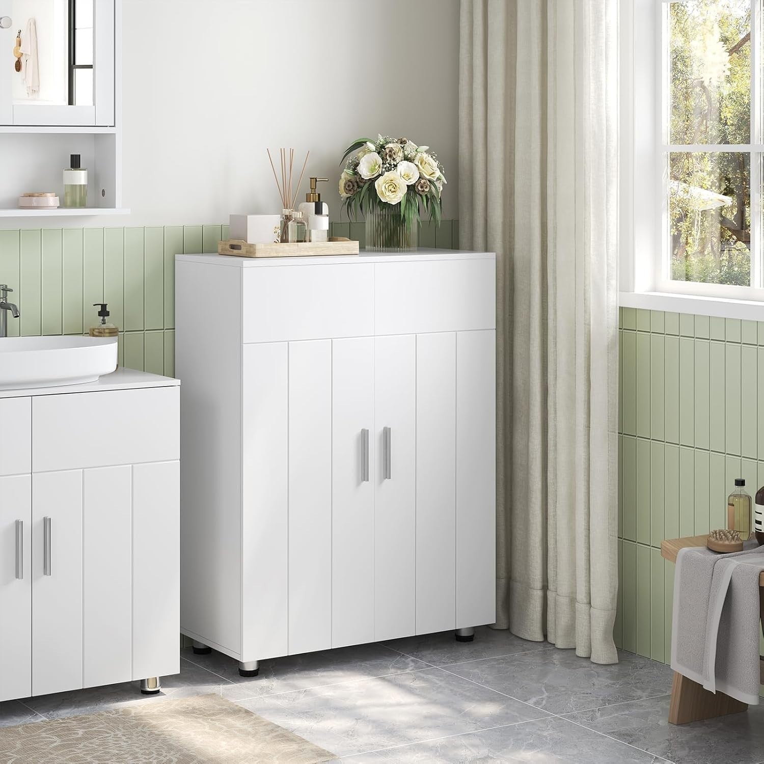 Narrow Bathroom Cabinet with Adjustable Shelves - Large Storage Organizer