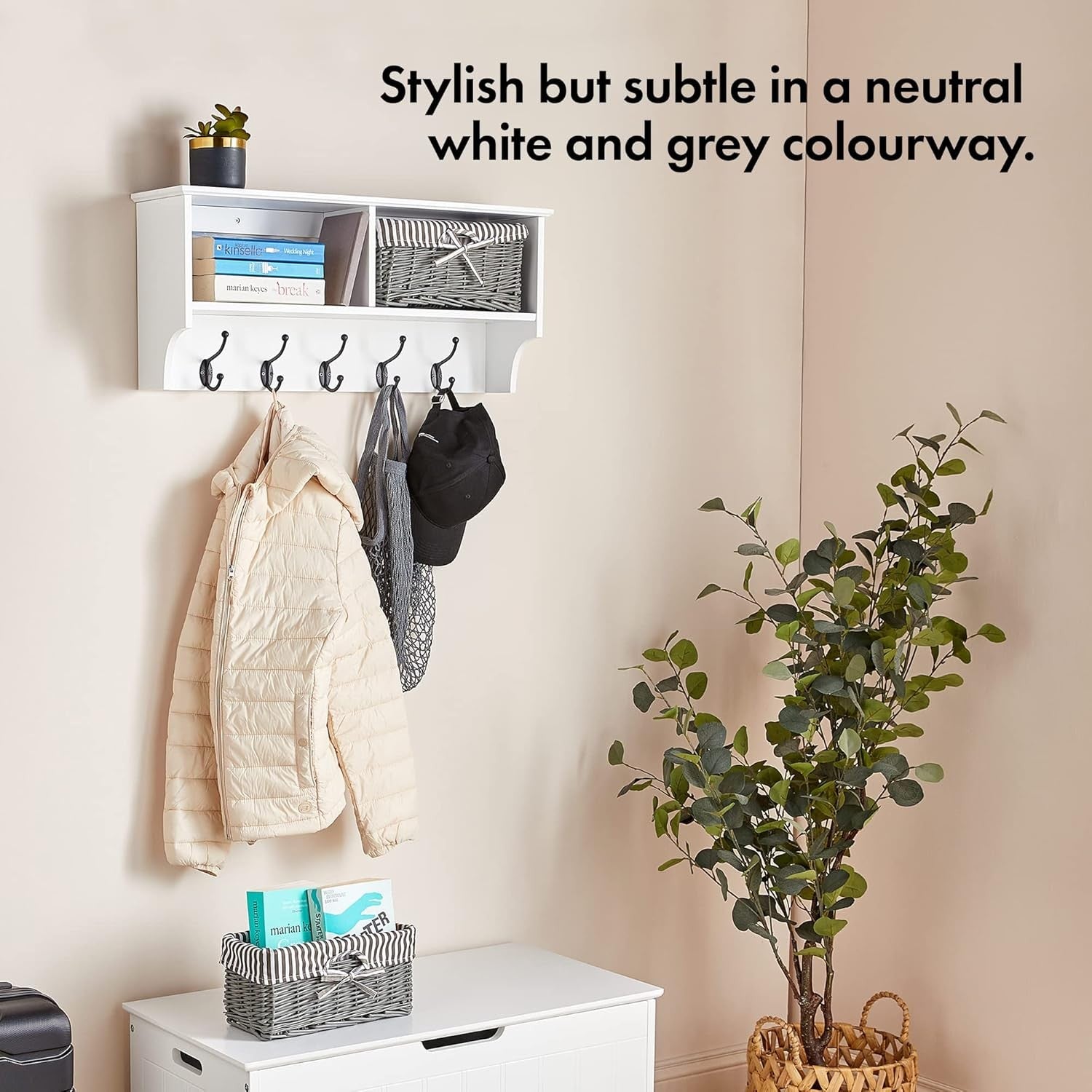 White Wall Mounted Coat Rack Shelf | 2 Wicker Baskets & 5 Hooks Hallway Unit