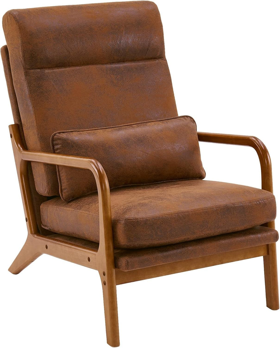 Mid Century High Back Accent Chair Brown Upholstered Armchair
