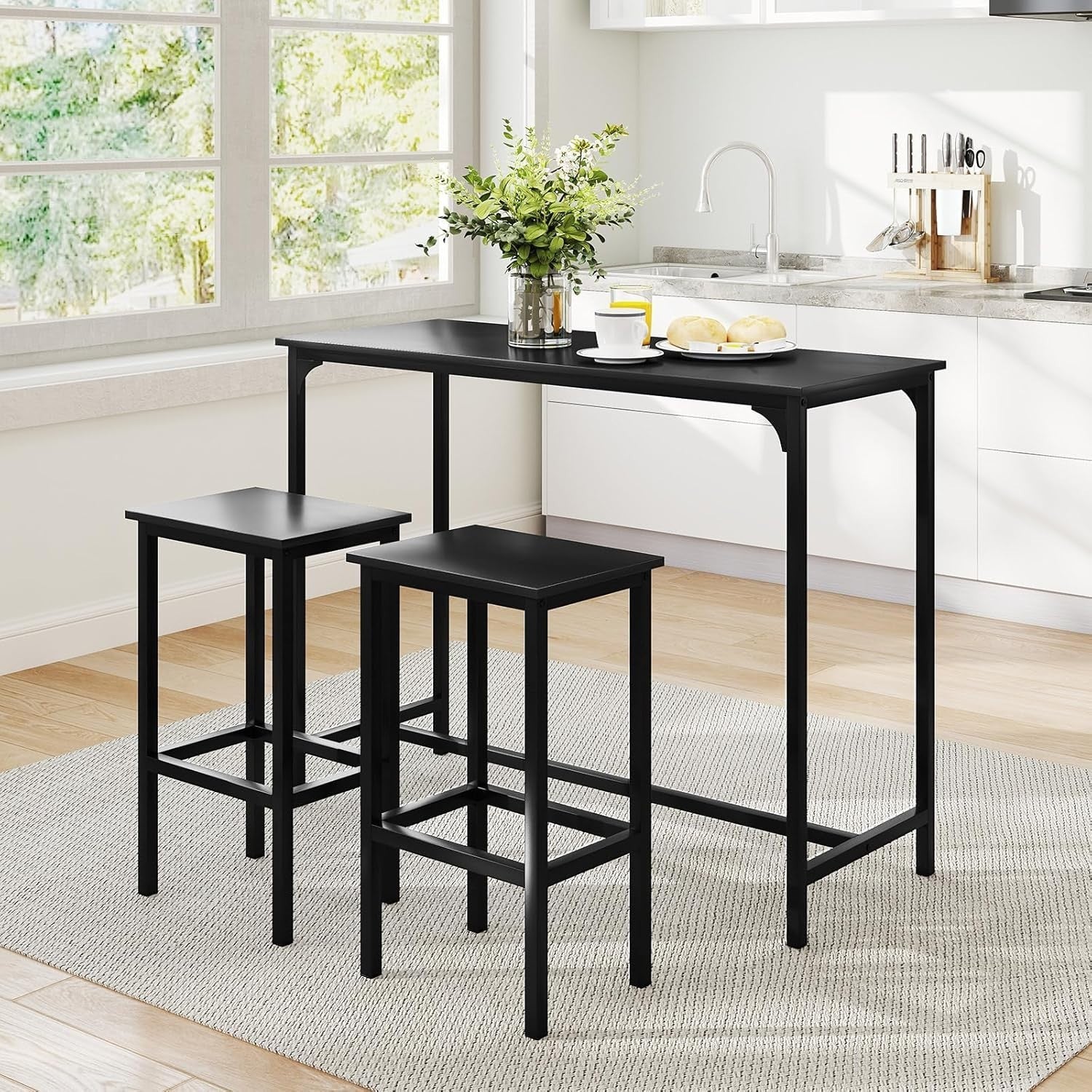 3 Piece Bar Table Set with 2 Stools Space Saving Counter Height Dining Black