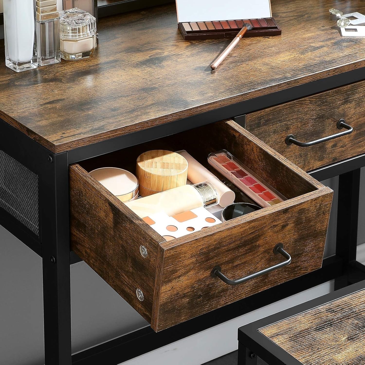 Rustic Dressing Table Vanity Set 3-Fold Mirror Stool Drawers Makeup Desk