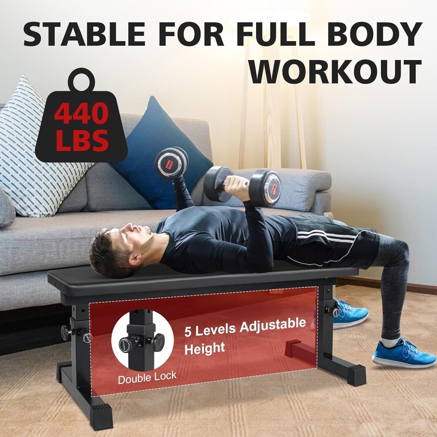 Adjustable Height Flat Weight Bench 440lb Compact Home Gym Trainer