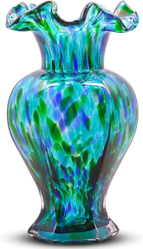 Hand Blown Teal Blue Glass Vase 24cm Tall Art Centerpiece Table Decor