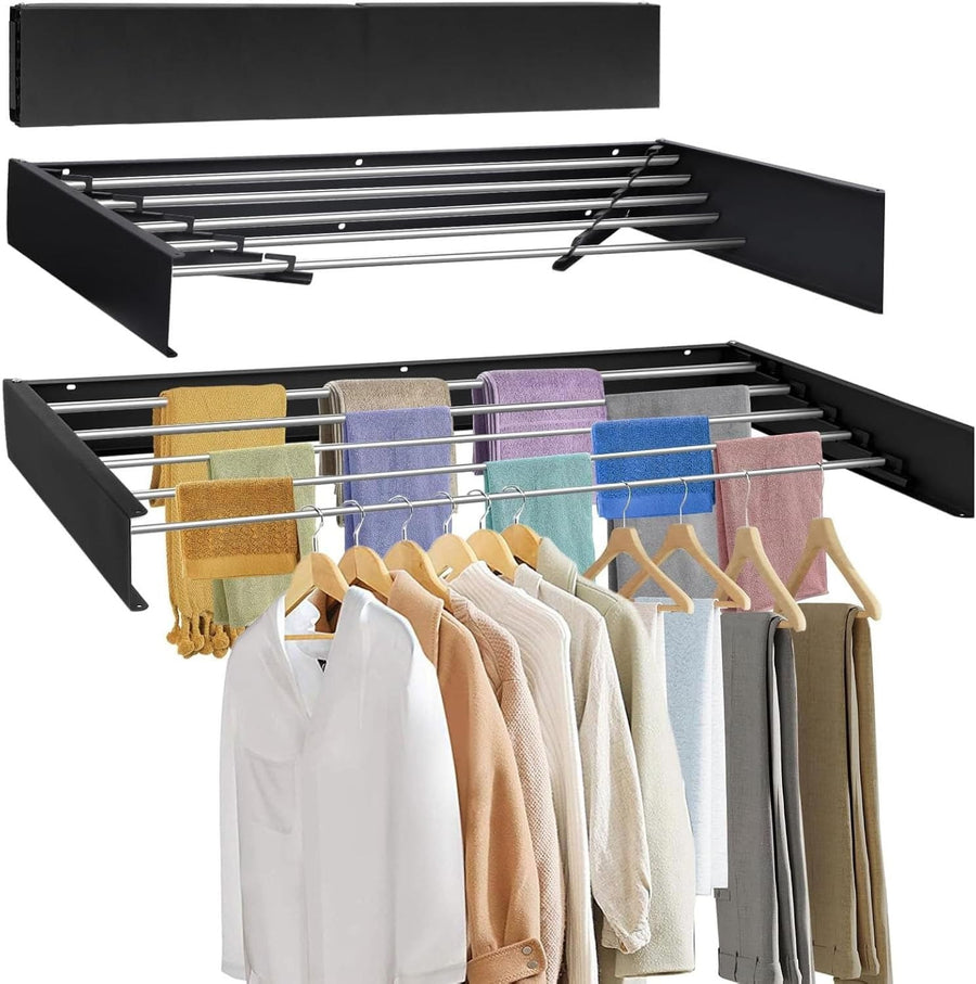 Wall Mounted Clothes Airer 100cm Foldaway Drying Rack Retractable Black