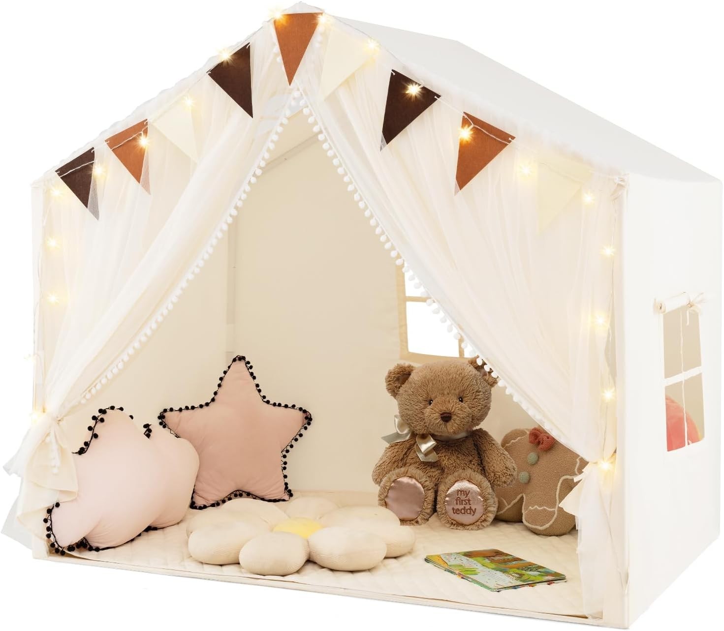 Beige Kids Fairy Castle Play Tent Indoor Outdoor w Lights Mat Curtains