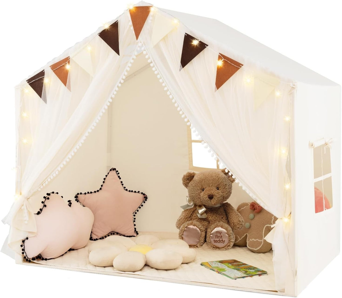 Beige Kids Fairy Castle Play Tent Indoor Outdoor w Lights Mat Curtains