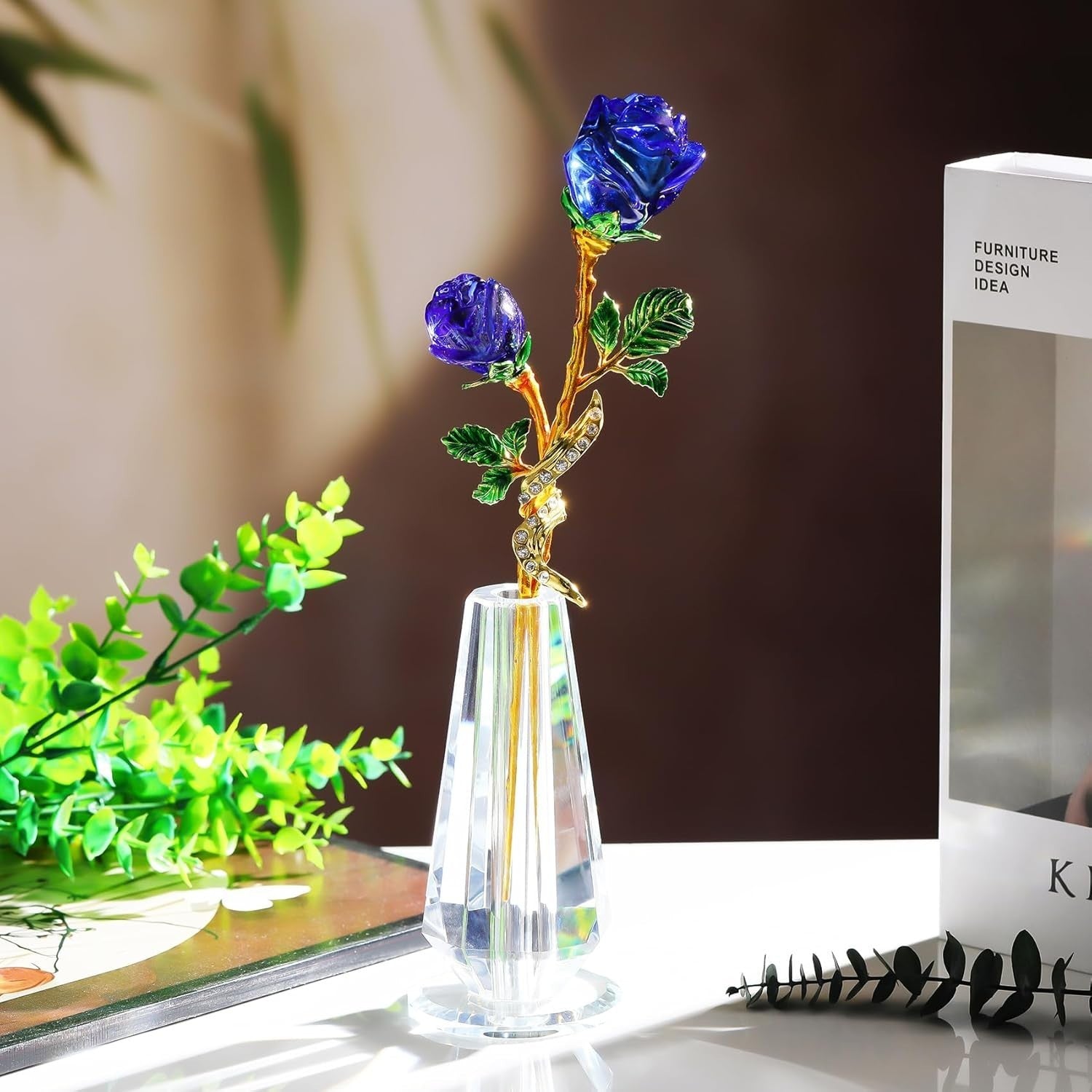 Blue Crystal Rose Flower Figurine with Vase – Luxury Glass Ornament Gift Decor