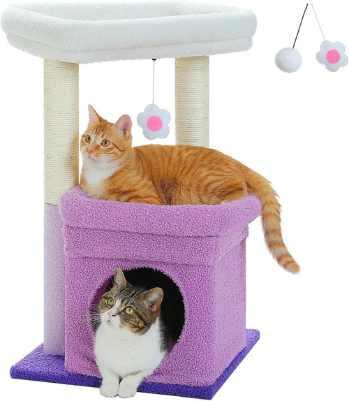 Small Cat Tree Tower with Condo Top Perch Sisal Scratching Post Purple