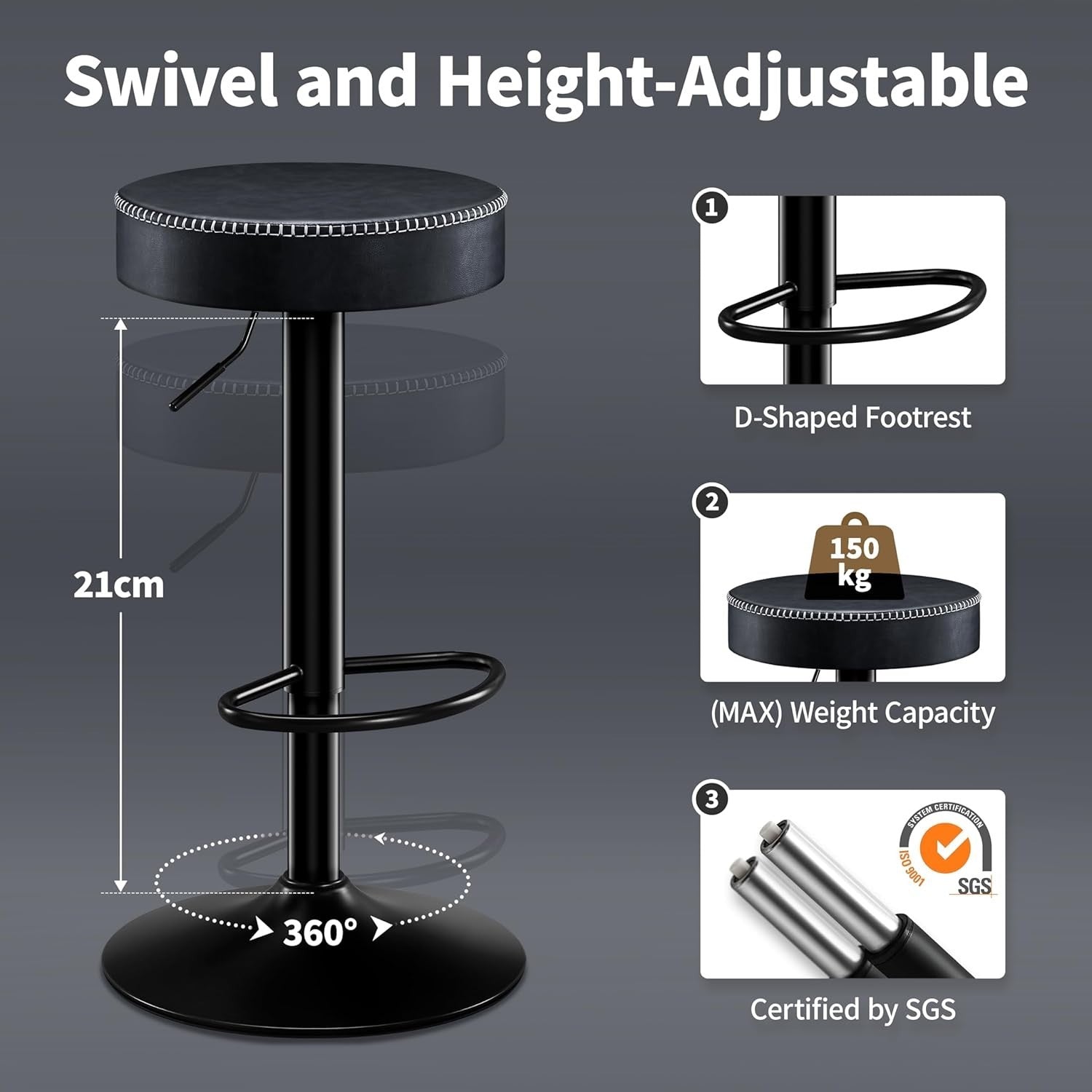 2PCS Ink Black Adjustable Swivel Bar Stools 36cm Round Industrial