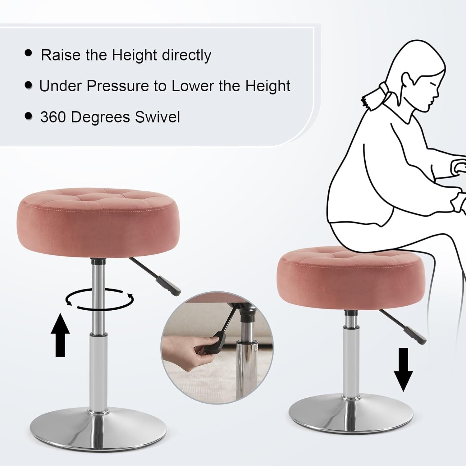 Pink Velvet Swivel Vanity Stool – Adjustable Tufted Round Makeup Chair Chrome