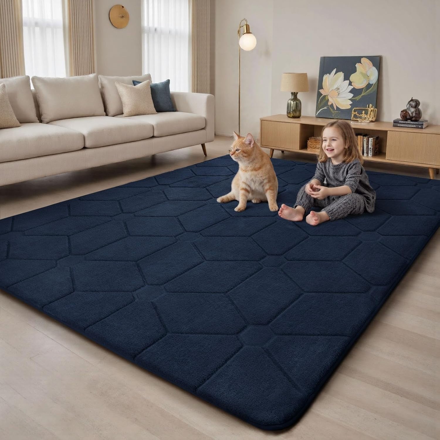 Large Navy Blue Area Rug 160x230cm Washable Anti Slip Short Pile Carpet