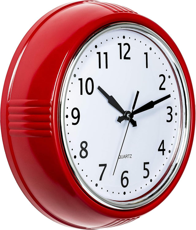 Red Retro Wall Clock 9.5" Vintage Kitchen Silent Quartz Easy Read Round Decor