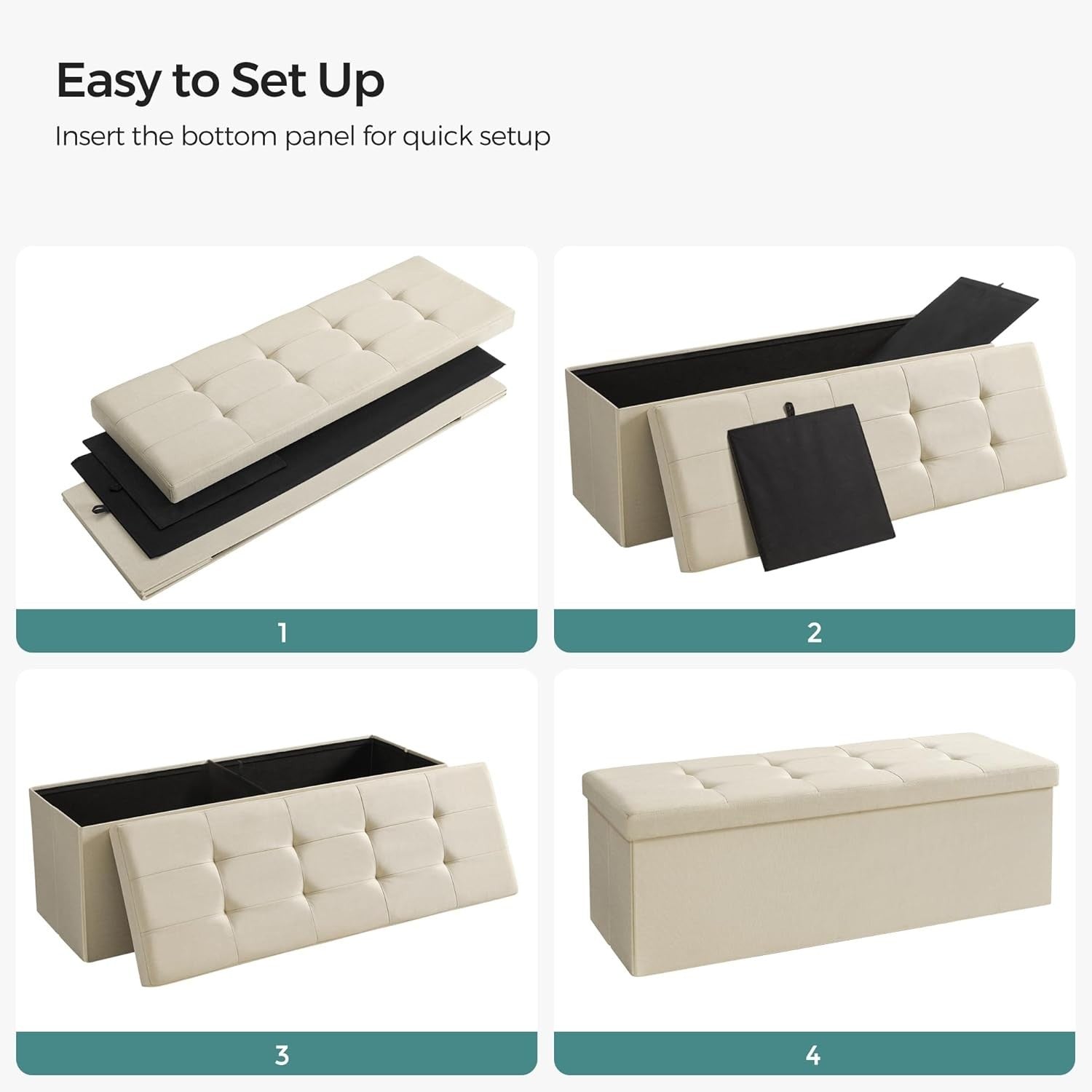 Cream White Storage Ottoman Bench 110cm Folding Seat Footstool End-of-Bed