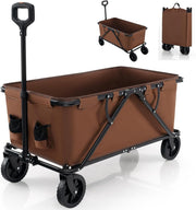 Brown Folding Garden Trolley Cart 170L Collapsible Wagon w/ Adjustable Handle