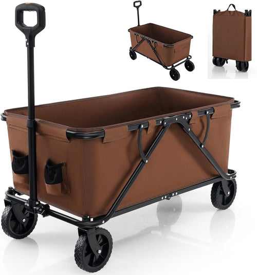 Brown Folding Garden Trolley Cart 170L Collapsible Wagon w/ Adjustable Handle