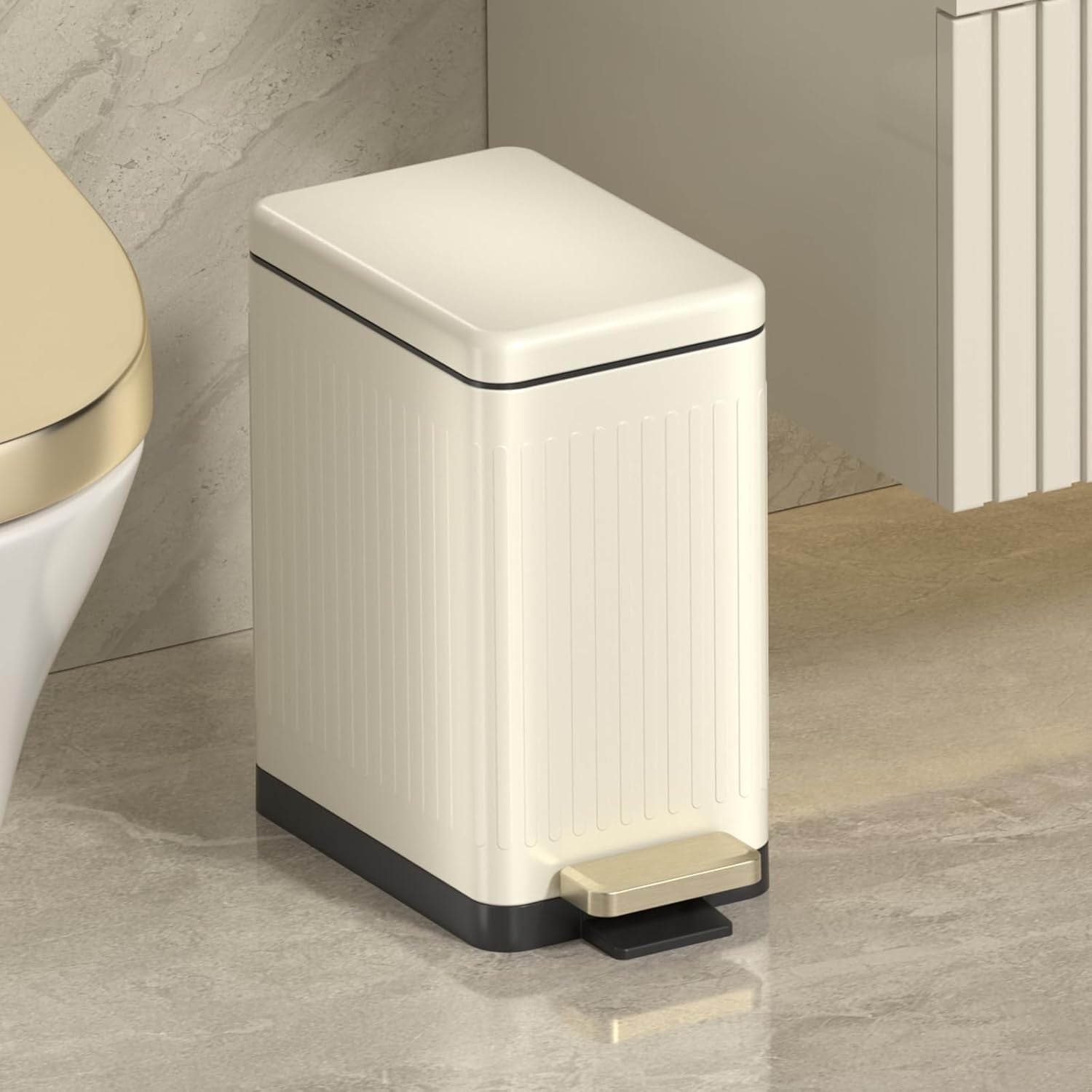 10L Slim Stainless Steel Step Trash Can Soft Close Pedal Bin Beige