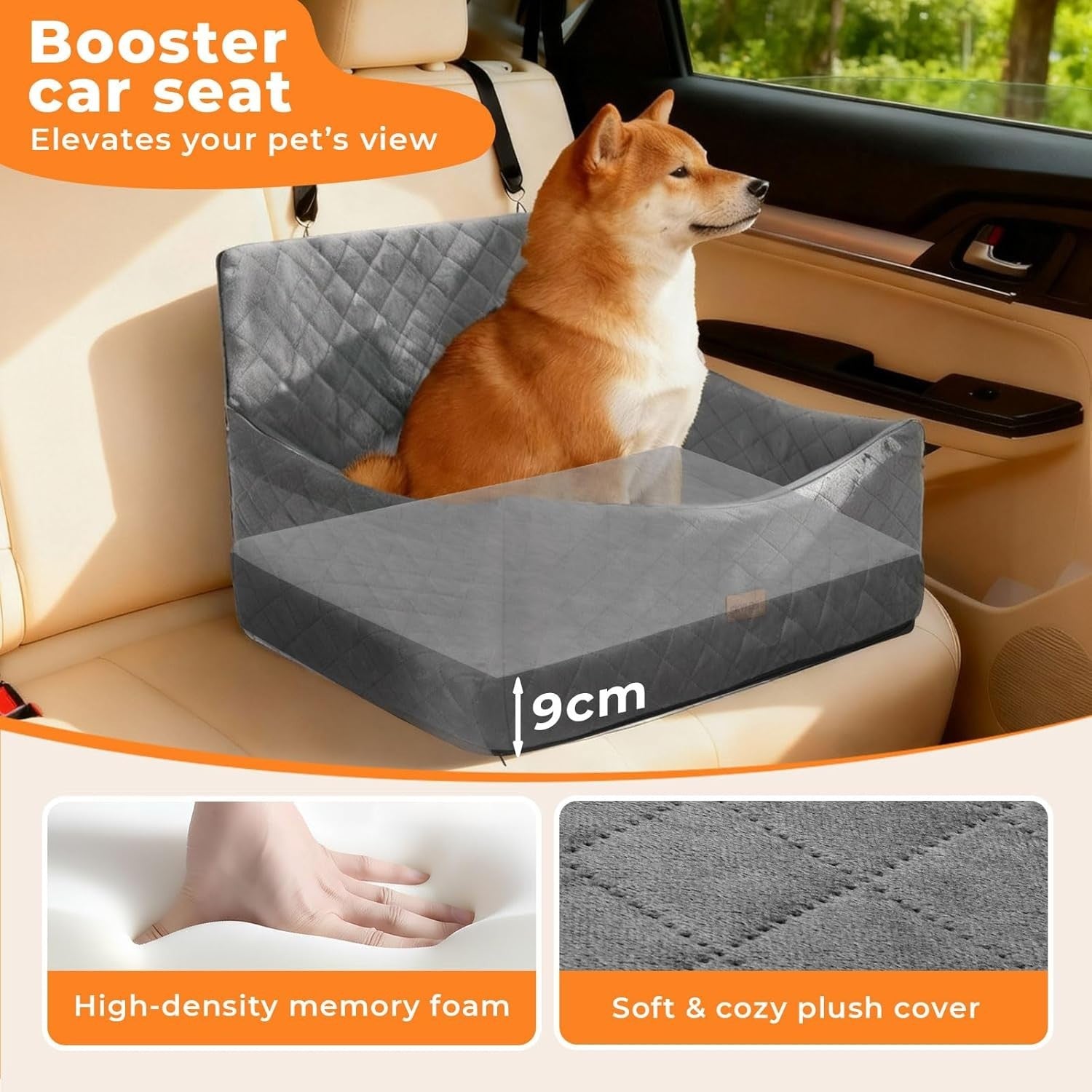 Large Dog Car Seat Bed Memory Foam Booster Travel Bed Up to 55lbs