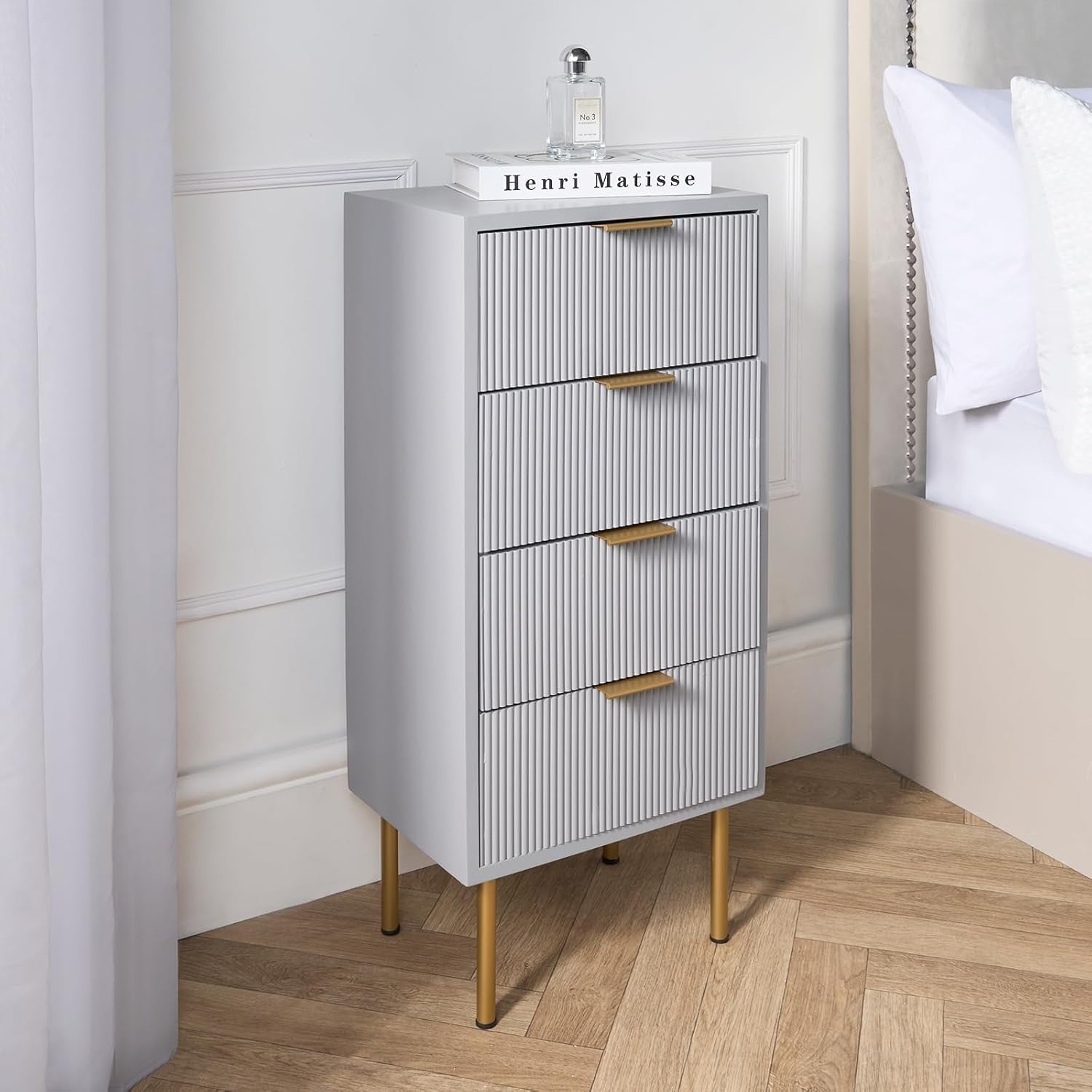 Modern Grey 4 Drawer Bedside Table | Ribbed Wood Nightstand with Gold Legs