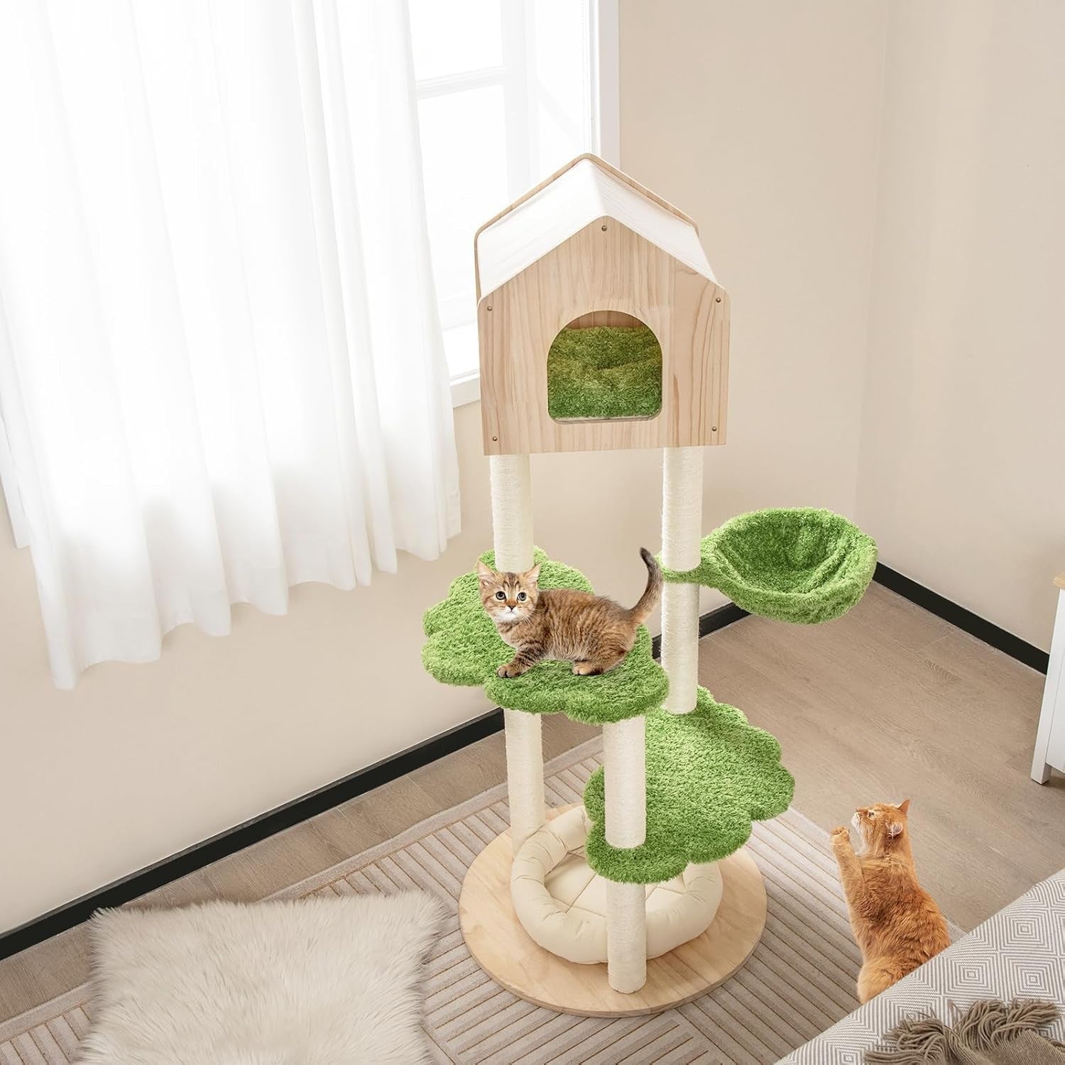 Wooden Cat Tree Kitten Tower with Condo Hammock Scratching Posts 139cm