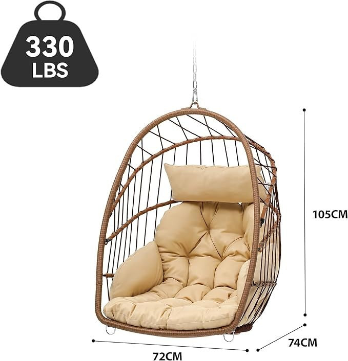 Hanging Egg Chair with Cushions Outdoor Indoor Rattan Swing Seat Patio Garden