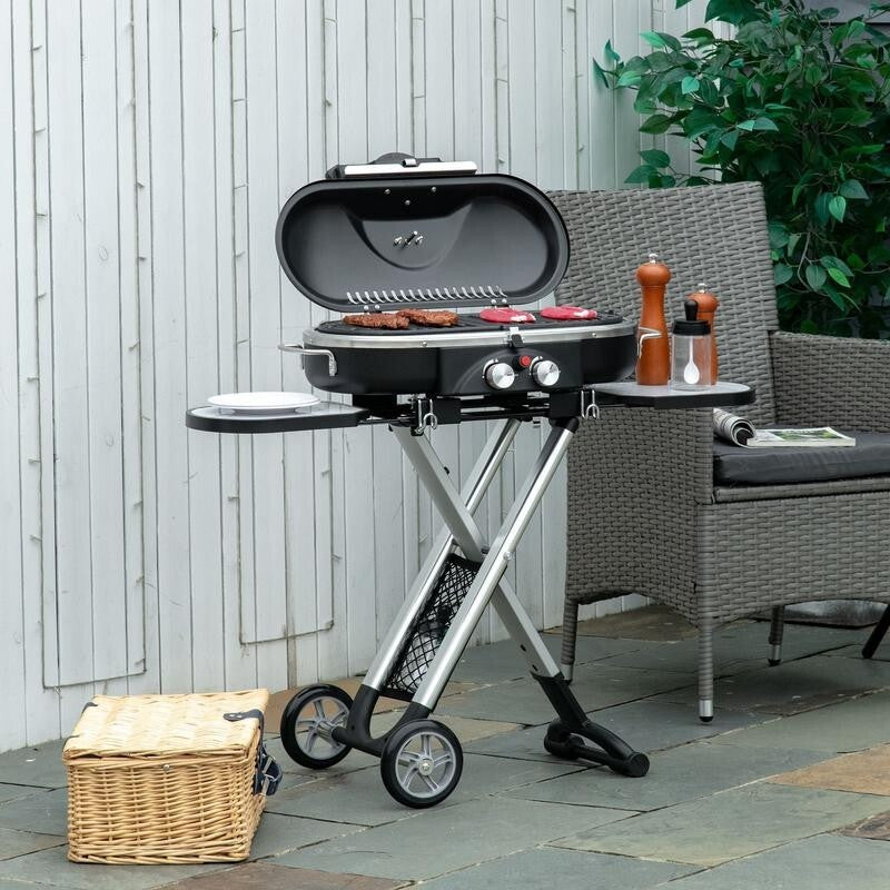 2 Burner Foldable Gas BBQ Grill w/ Thermometer, Shelves & Wheels Portable