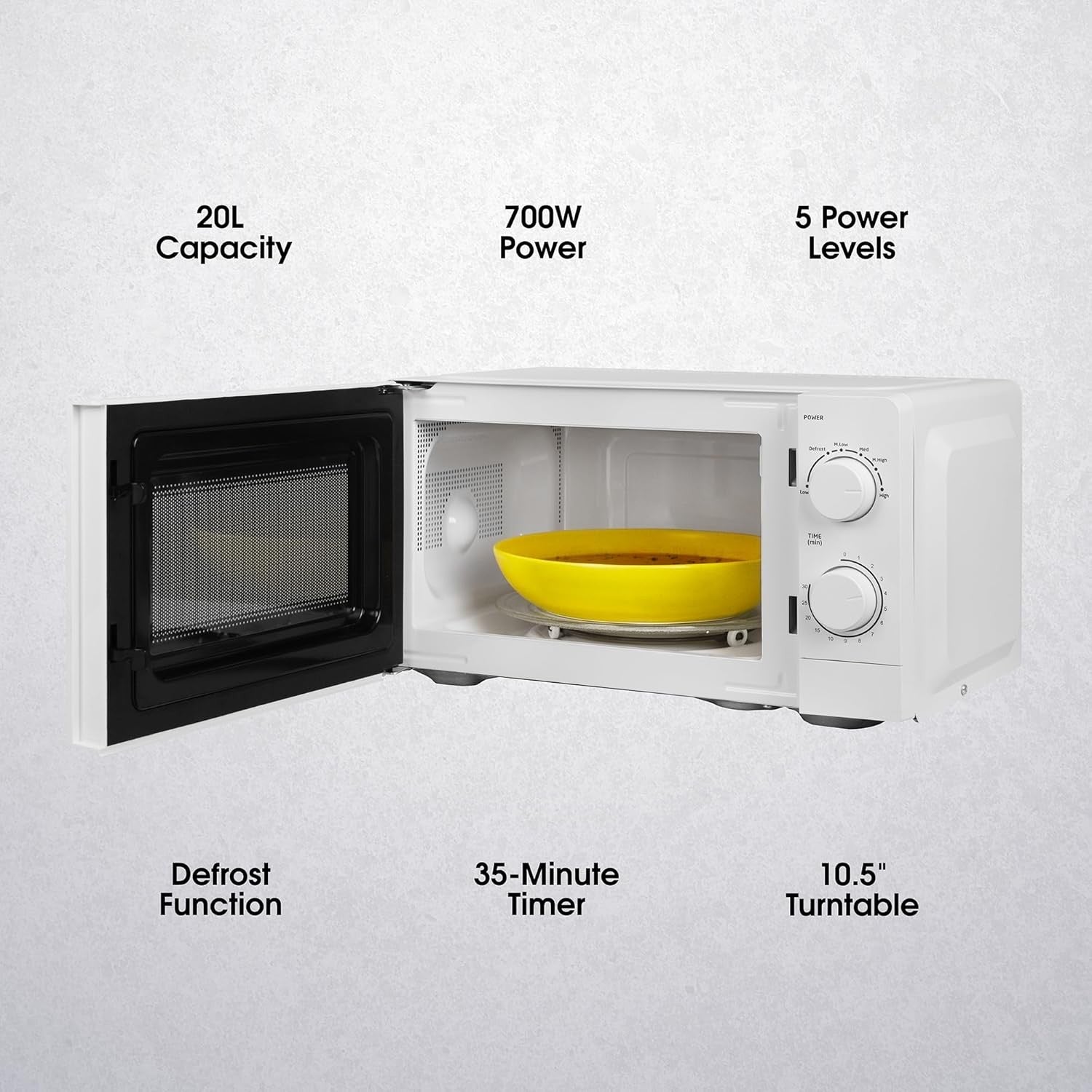 White 20L 700W Manual Microwave Oven 5 Power Levels Defrost