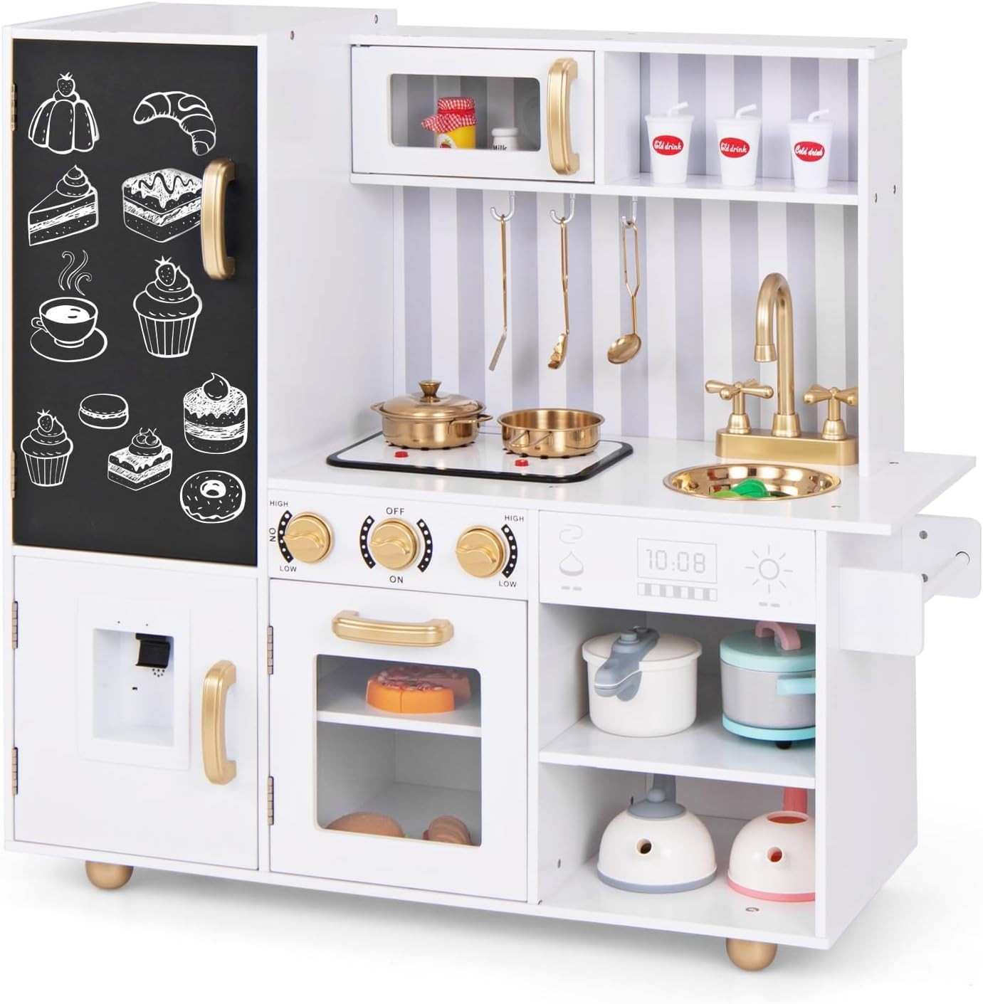 Kids Wooden Play Kitchen Lights Sounds Water Dispenser White Gold
