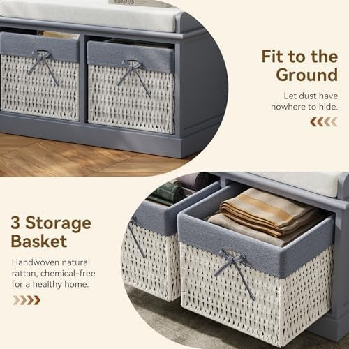 Blue-Grey Storage Bench with Cushion 2 Wicker Baskets Hallway Cabinet Seat