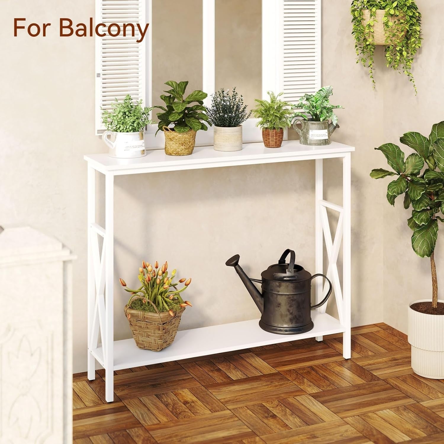 Compact Industrial Console Table with Adjustable Feet & Metal Frame, White