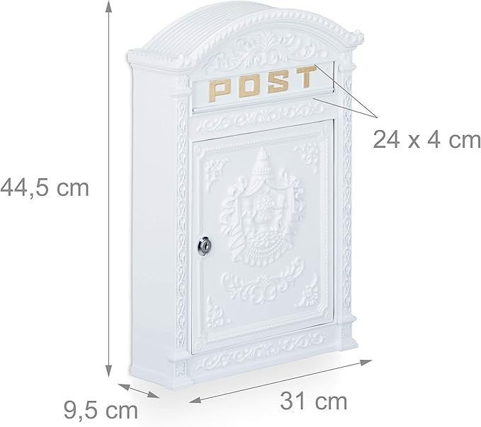 Wall Mounted Antique Letterbox Cast Aluminium Lockable A4 Mailbox White