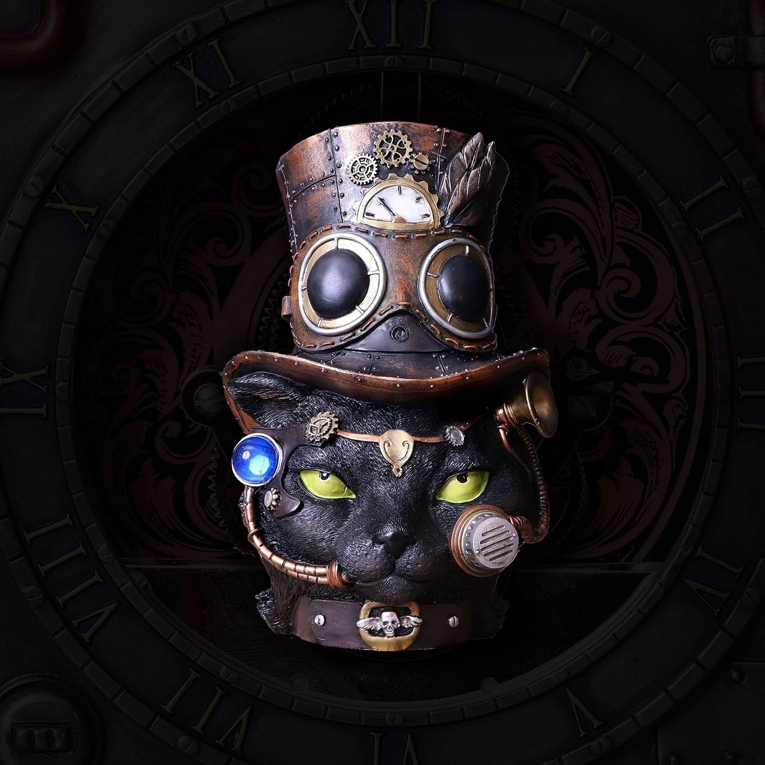 Steampunk Black Cat Head Figurine 28.8cm Gothic Resin Clockwork Decor Statue