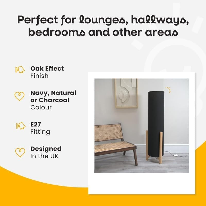 Oak Effect Floor Lamp with Navy Fabric Shade & Energy-Saving LED