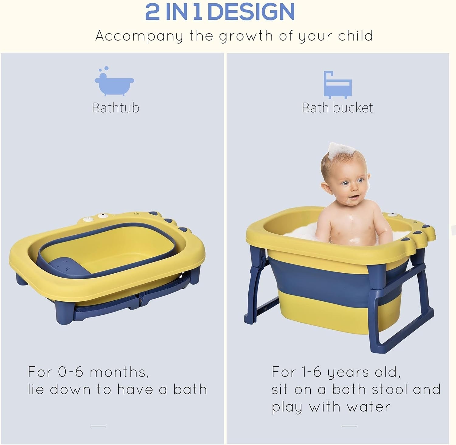 Baby Bathtub 0-6 Years | Collapsible Non-Slip Infant Toddler Bath with Stool