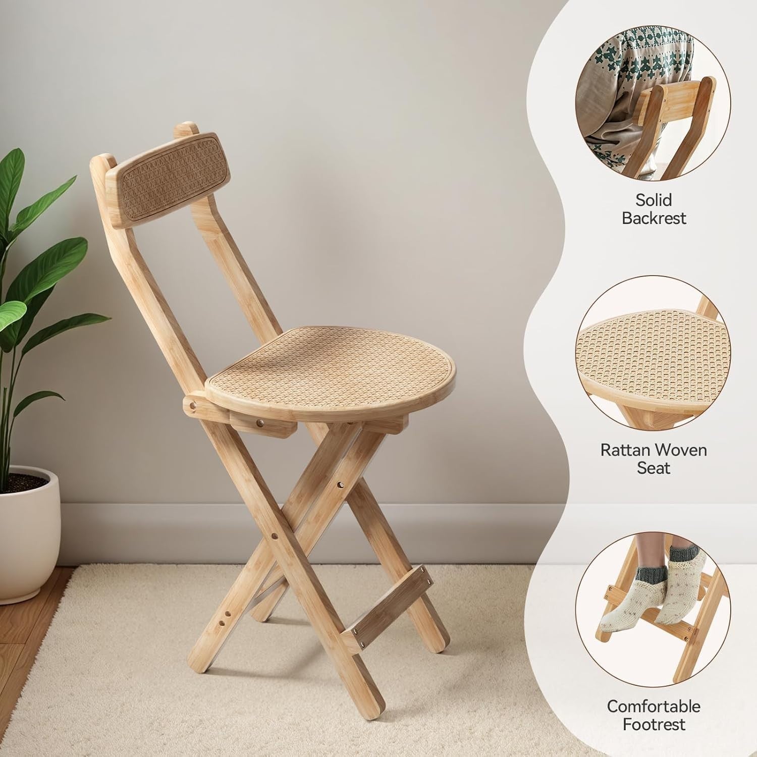Folding Wooden Rattan Dining Chair Compact Breakfast Stool with Backrest