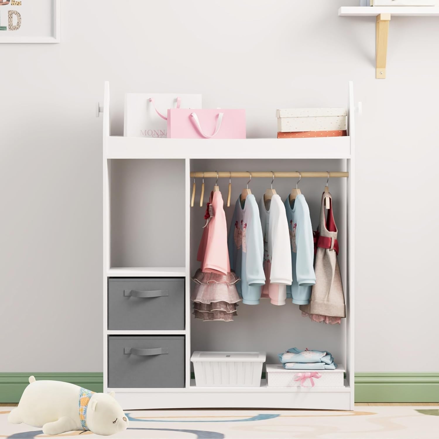 Kids Wardrobe with Mirror, Hanging Rail & 2 Drawers, White Rocket Design