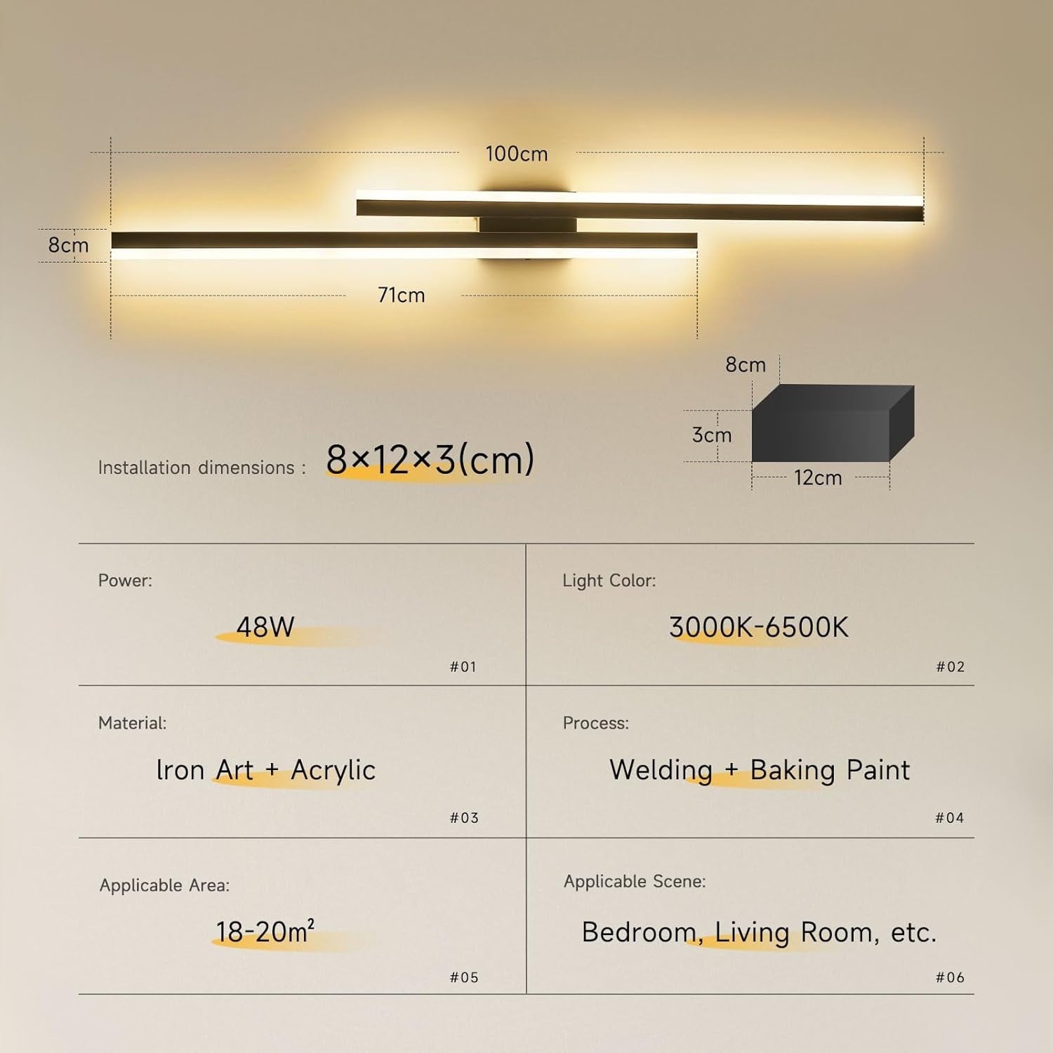 Dimmable LED Wall Light 100cm Modern Remote Control Warm-Cool White Lamp
