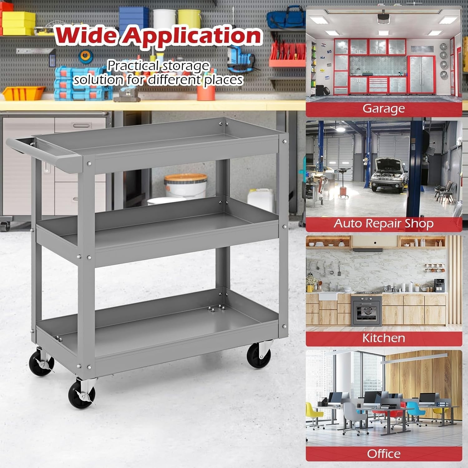 Heavy Duty Grey 3-Tier Rolling Utility Cart w/ Lockable Wheels 38x79x76cm